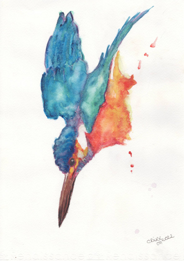 Diving Kingfisher painting, watercolor bird, bird in motion, intense turquoise, emerald green and blue colors catching up with reddish orange and purple nuances, orange splashes
