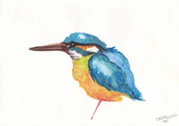 Kingfisher painting, watercolor bird, deep turquoise and blue colors, with shades of light yellow and orange, side view