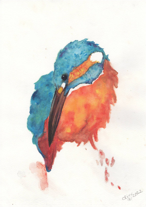 Kingfisher portrait painting, watercolor bird, bright orange petrol green colors, orange splashes