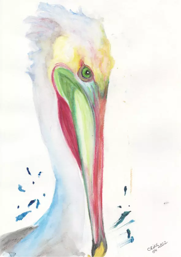 Light blue pelican portrait, watercolor bird painting, bright colors, white , blue, green eyes, orange - red beak, yellow, light and dark greens, original