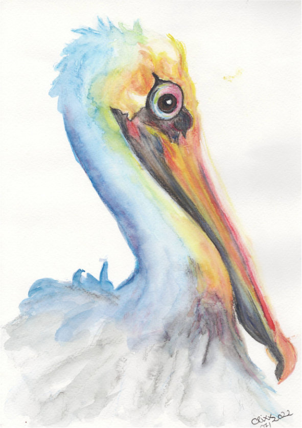 Blue pelican portrait painting, watercolor bird, bright blues and yellow - orange details, large colorful eyes, original