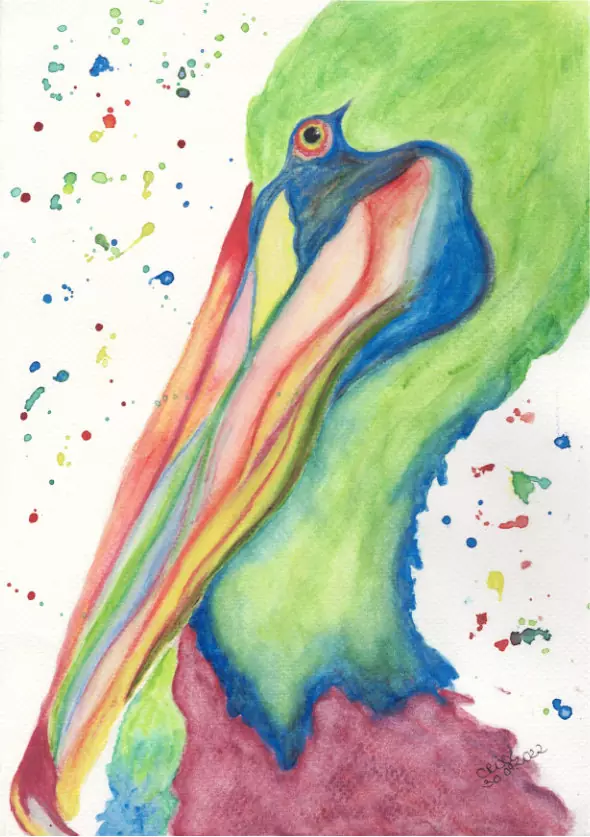 Green pelican portrait painting, watercolor bird, striking greens, blues, beak in yellow, orange pink wine red colors, multicolored splashes, original