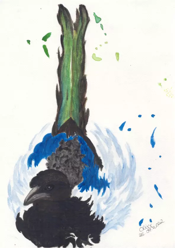 "Elster" Magpie painting, watercolor bird, colors ranch from light grayish blues to intense royal blue in the back, green tail feathers, blue splashes, front view