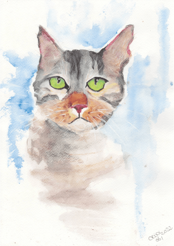 Watercolor Cat, tiger cat, multicored cat, cat portrait, green eyes, light and dark brown nuances, original