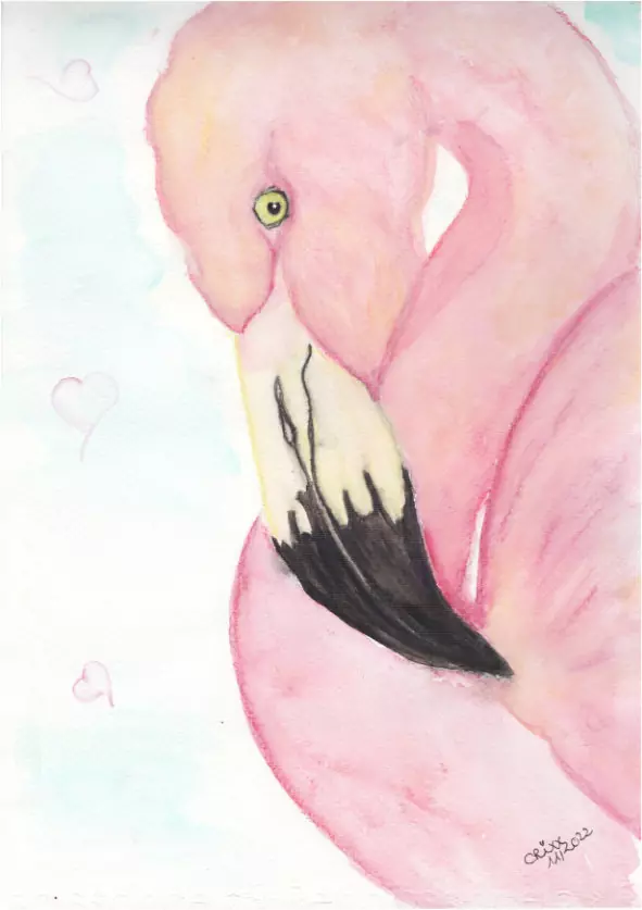 Soft pink flamingo bird painting, watercolor bird, airy background in light sea blue and soft pink hearts, yellow eyes, side view original