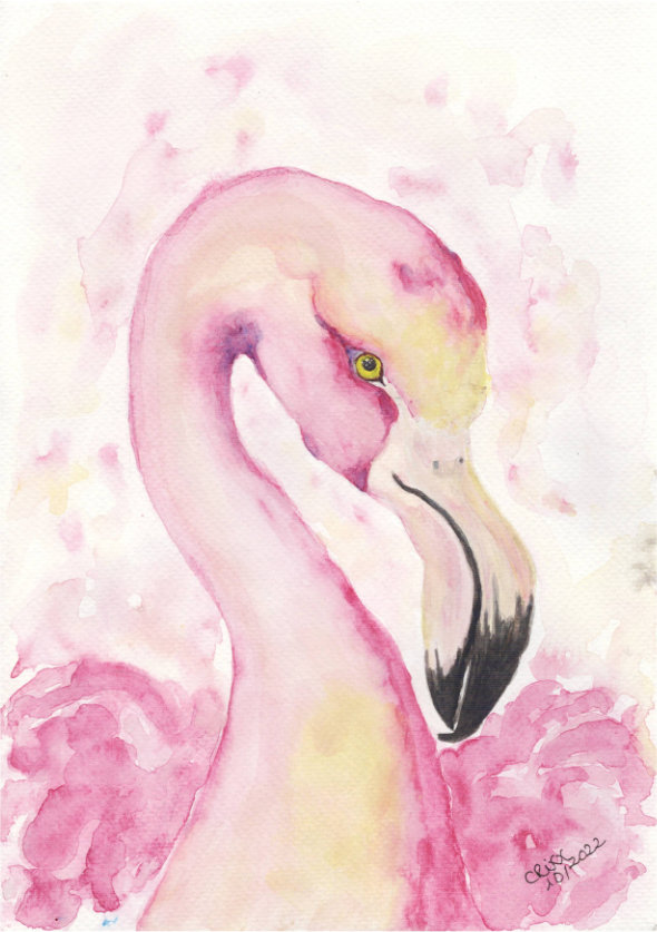 pink and ivory Flamingo bird painting, watercolor bird, soft ivory colors ranging to light rose and intense pink - purple, airy and soft rose background, original