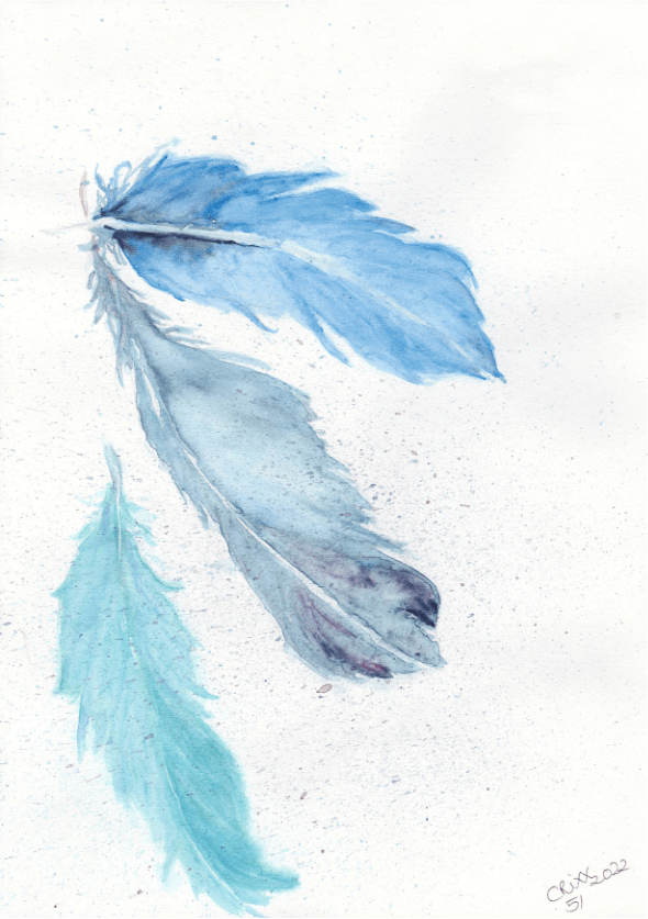 Three watercolor Feathers, royal blue, turquoise, dark blue, hovering feathers, soft and light painting, blue splashes, original