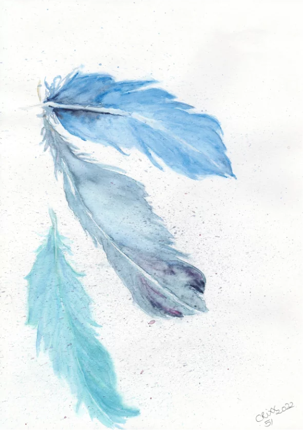 Three watercolor Feathers, royal blue, turquoise, dark blue, hovering feathers, soft and light painting, blue splashes, original