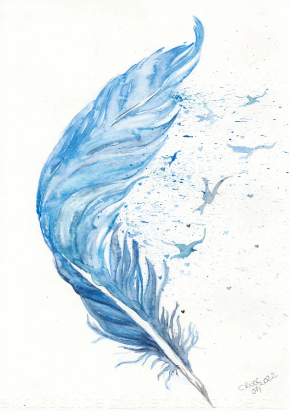 Shades of blue watercolor Feather, birds and hearts transforming out of the swinging feather in the wind, original