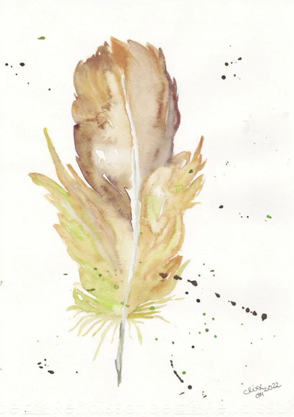 Beige , olive green, brown watercolor feather painting, splashes, original