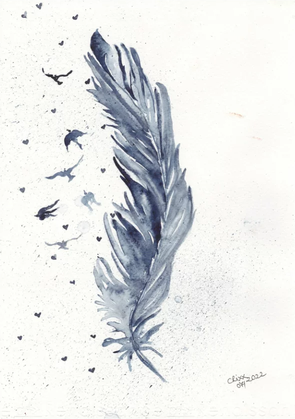 dark blue and grey watercolor Feather painting, birds and hearts transforming out of feather in the wind, soft and airy painting, original