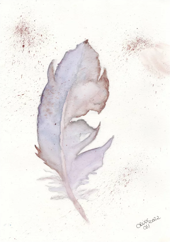 soft purple and brown watercolor Feather painting, brown splashes, airy image, original