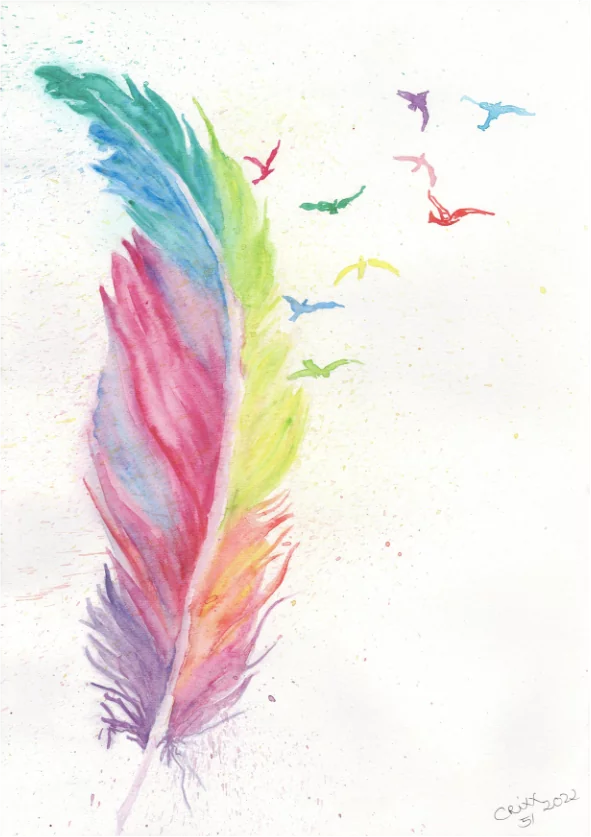 Rainbow colored watercolor feather painting, birds transforming, flying out of feather, yellow, orange, pink, rose, turquoise, light blue, emerald green, purple, multicolored splashes, original
