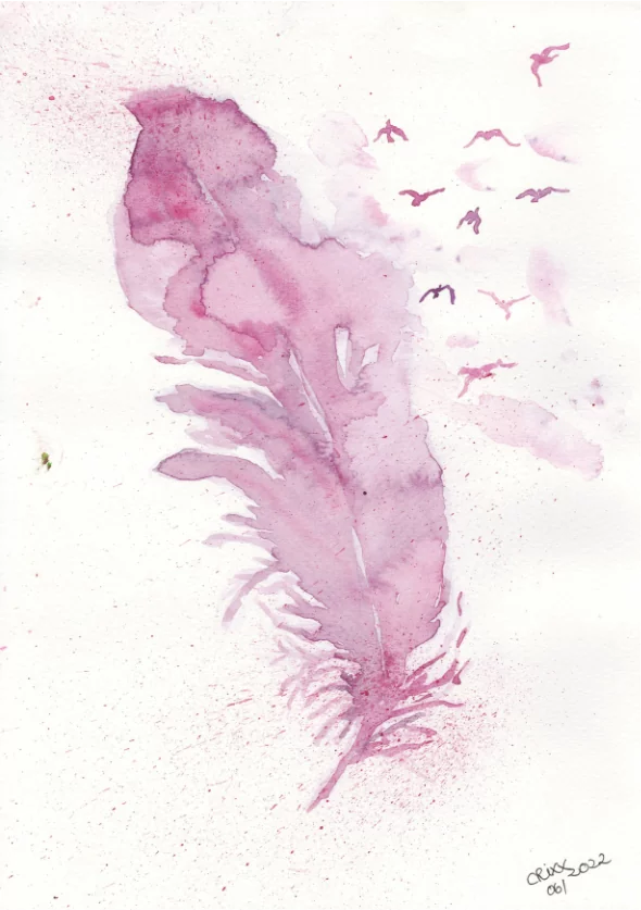 Pink rose watercolor feather painting, pink splashes, birds flying, transforming out of feather, soft and airy painting, original