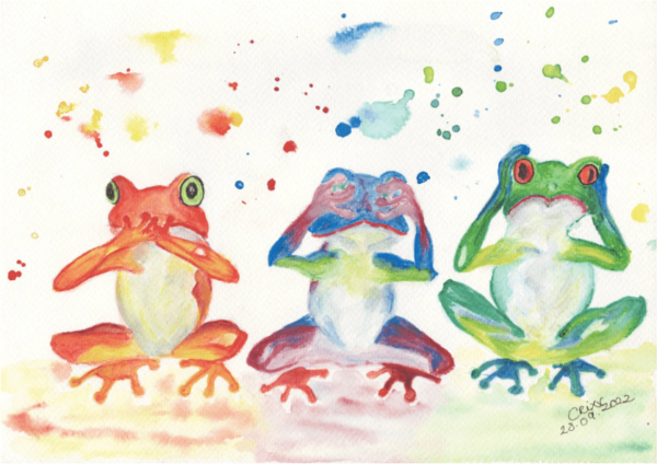Three watercolor Frogs, Orange, Blue, Green, bright multicolor painting, nature, wildlife, art for your home, joyful watercolor painting, Watercolor Frog, bright multicolor painting, nature, wildlife, art for your home, joyful watercolor painting, original