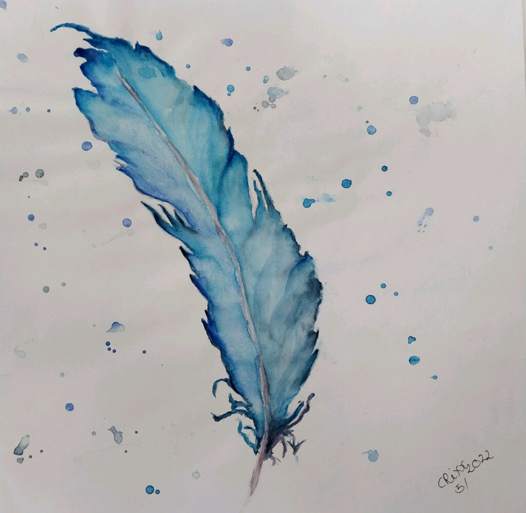 Blue feather watercolor painting