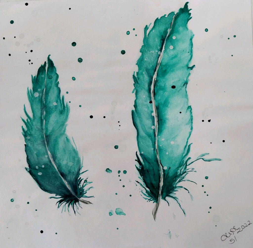 Emerald feathers watercolor painting