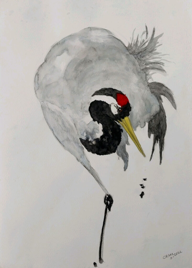 Japanese crane watercolor painting