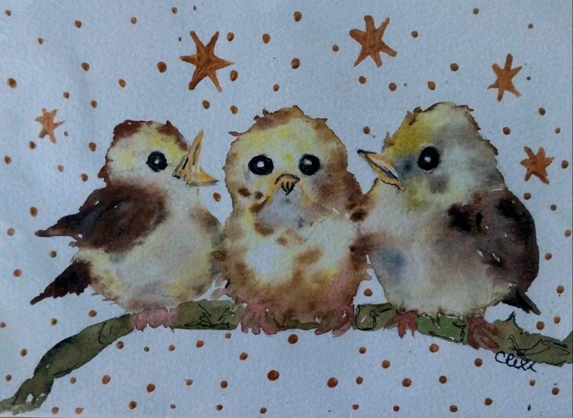 Winter birds and stars watercolor gift card