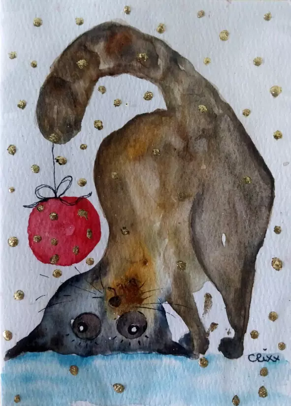 Holiday cat, watercolor gift card. A5 unfolded with envelop.