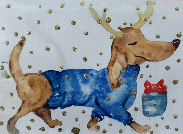 Christmas dog, watercolor, season greetings, gift card with envelop