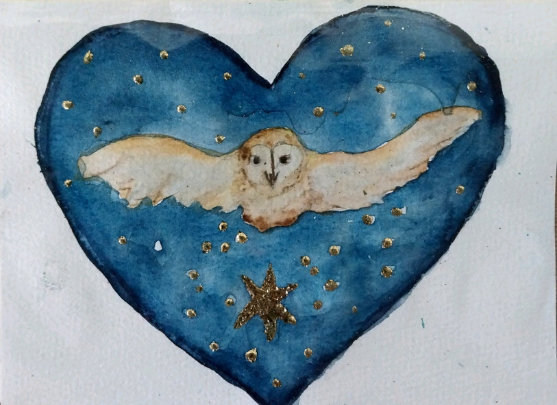 The owl, carrying all wisdom, handmade watercolor gift card, A5 unfolded with envelop.
