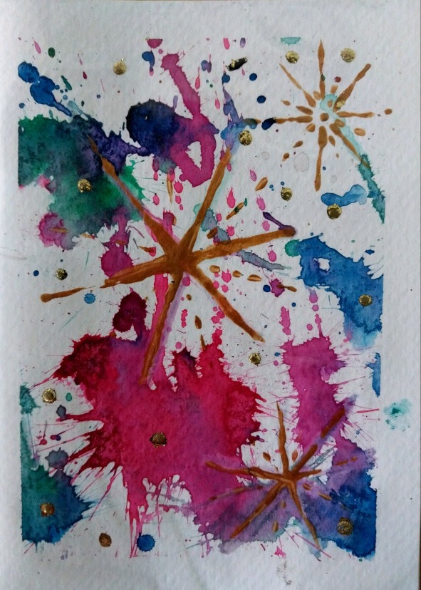 Stars and sparkles, handmade watercolor gift card, A5 unfolded with envelop