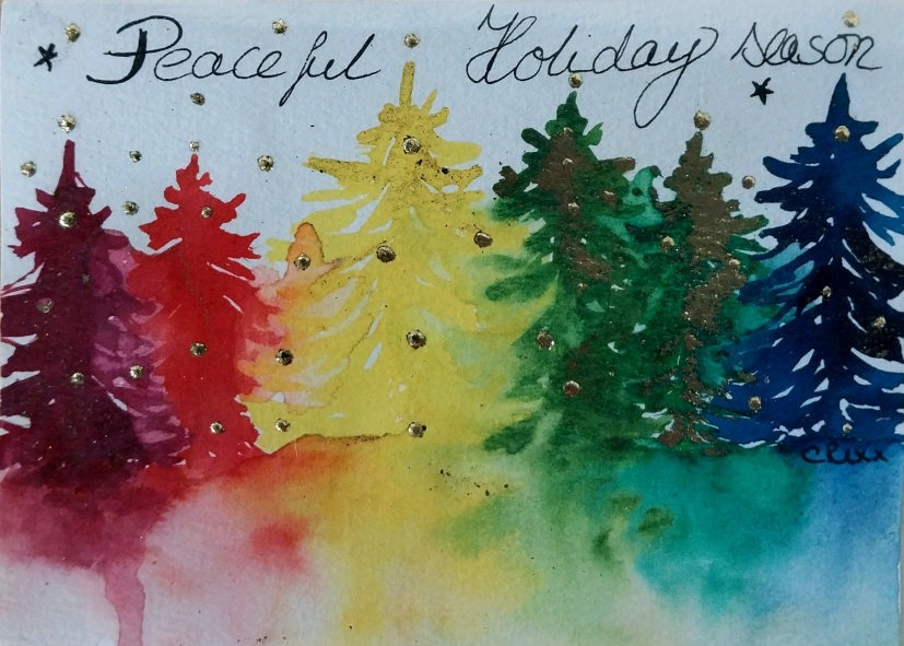 Rainbow Christmas trees gift card
