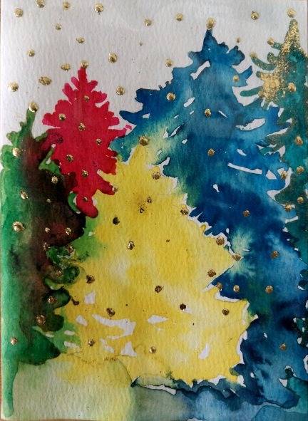 Colorful Christmas trees , handmade watercolor gift card with envelop