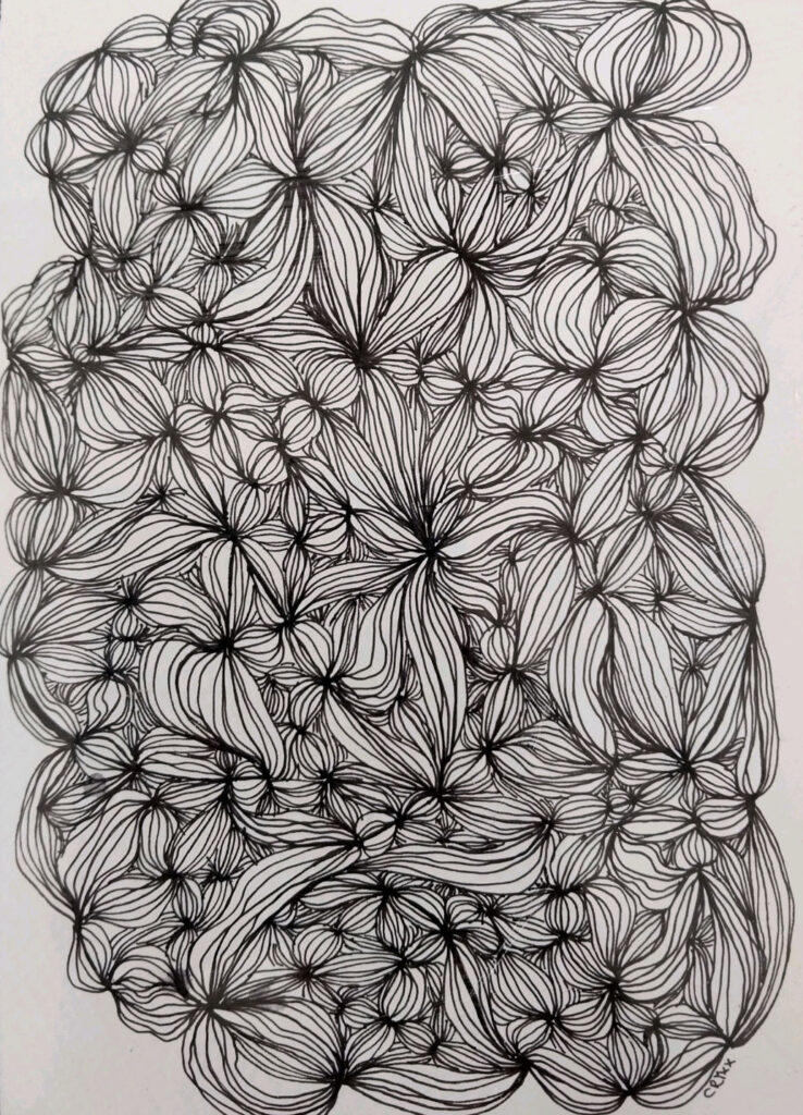 Flower petals, black ink pen drawing.