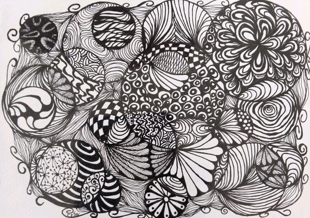 Many worlds, black ink pen drawing.