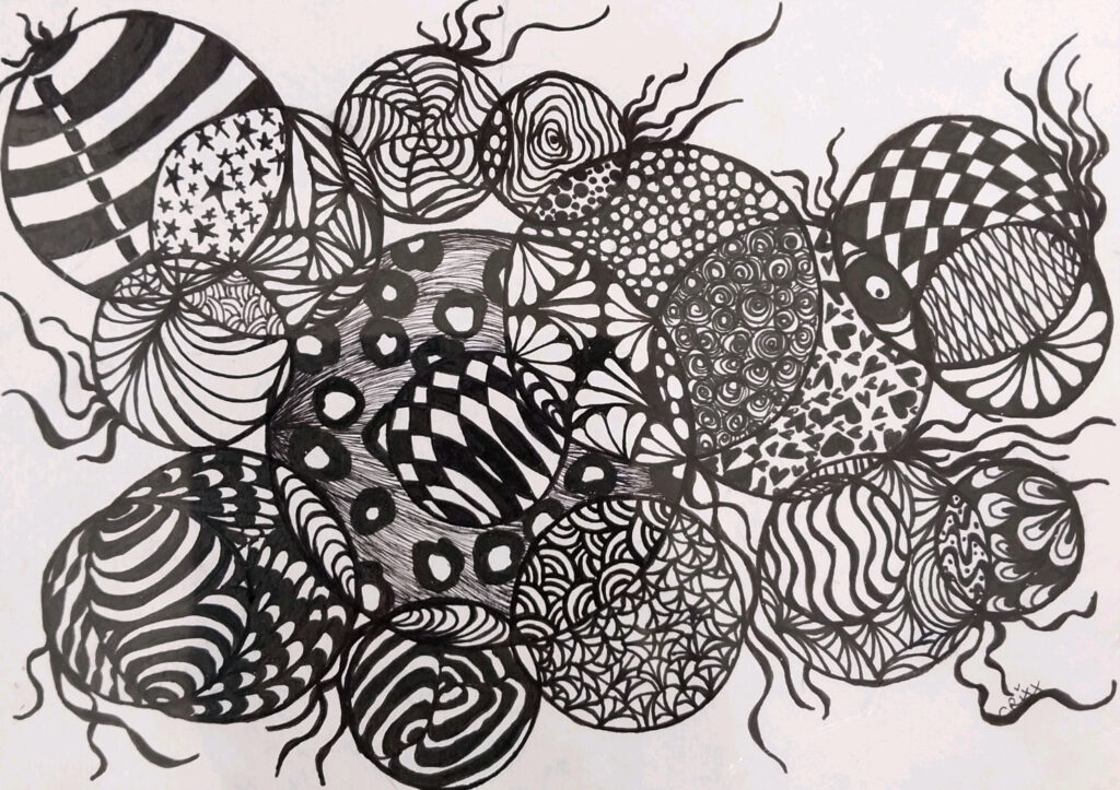 101 circles, black ink pen drawing.
