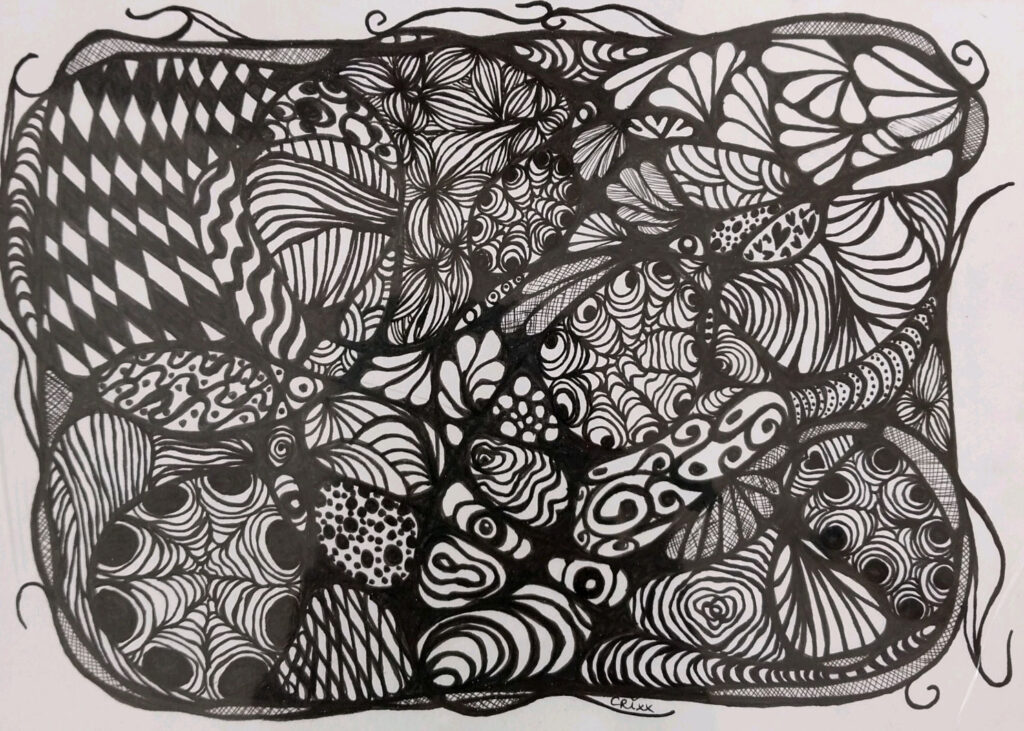 101 patterns, black ink pen drawing.