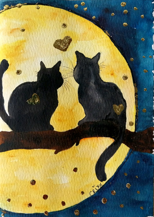 Cats and the moon, special Christmas gift card edition. Watercolor and 24C gold leaf.