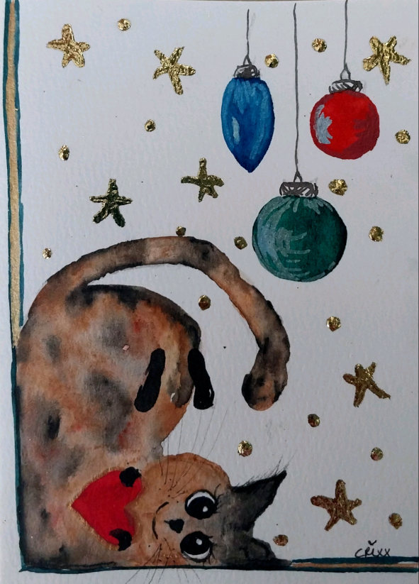 Rolling cat, watercolor gift card, finished with 24C gold leaf.
