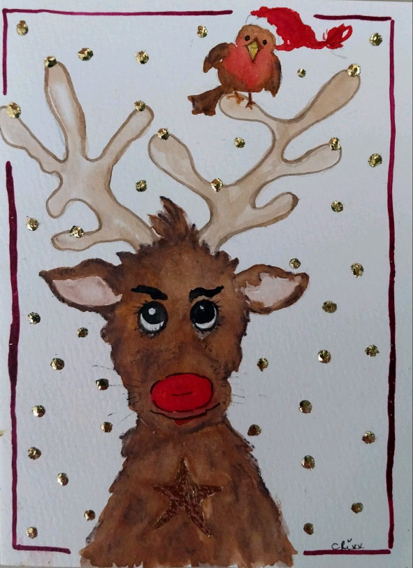 Rudolph, watercolor gift card, finished with 24C gold leaf.