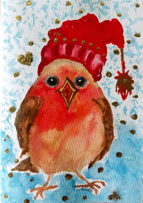 Santa robin, special Christmas gift card edition. Watercolor and 24C gold leaf.