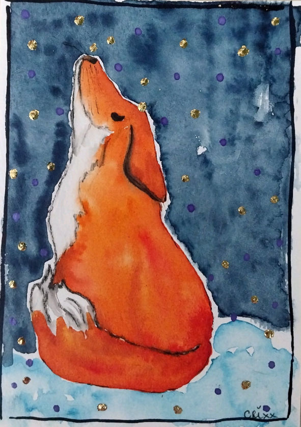 Winter night fox, watercolor gift card.