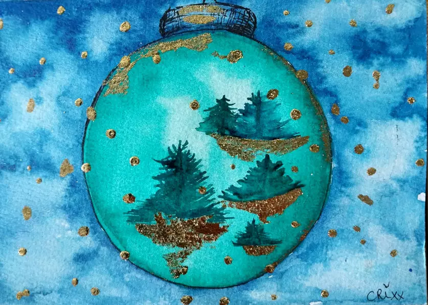Emerald Christmas ball, special Christmas gift card edition. Watercolor and 24C gold leaf.