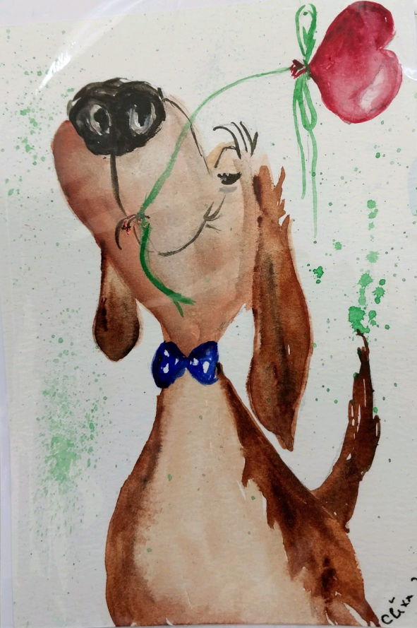 Dog sending love watercolor painting