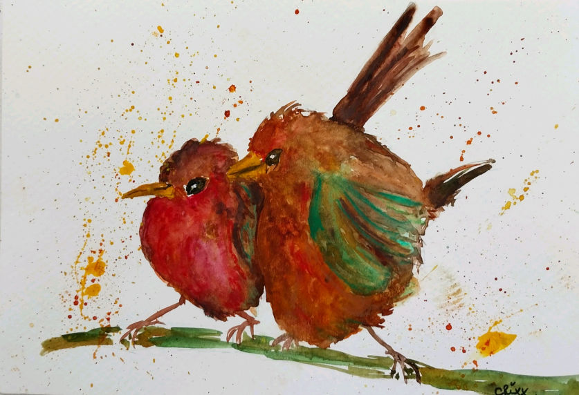 Red bellied finches, watercolor painting